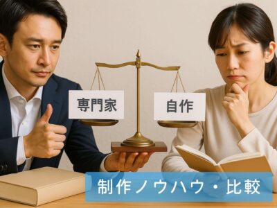 専門家依頼と自作での本づくりを比較し、コストや完成度の違いを表した画像