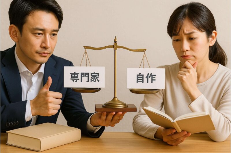 専門家依頼と自作での本づくりを比較し、コストや完成度の違いを表した画像