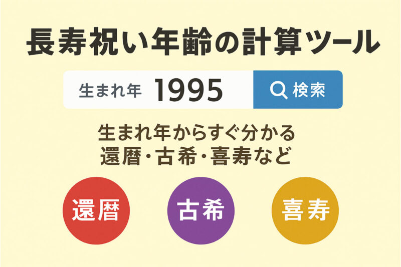長寿祝い年齢の計算ツール｜生まれ年からすぐ分かる還暦・古希・喜寿などなど