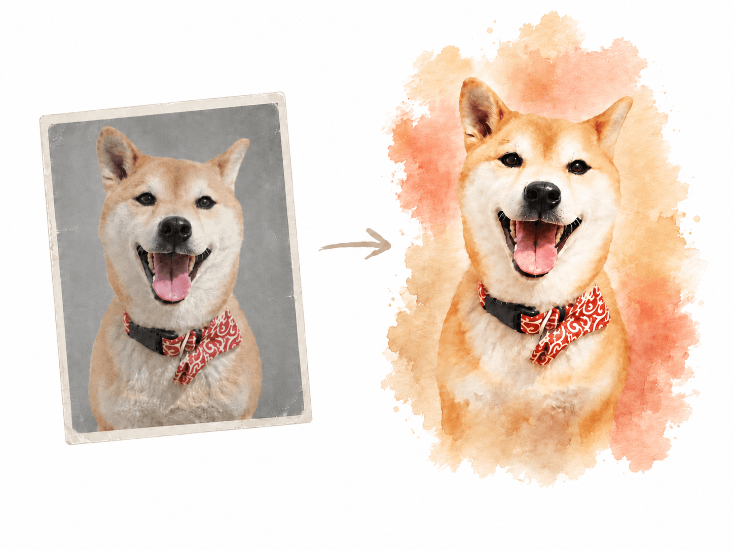 ペットの写真をやさしい水彩画風に加工するイメージ