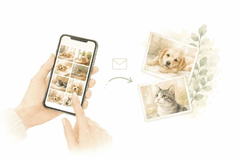 スマートフォンからペットの写真や思い出を送るイメージ